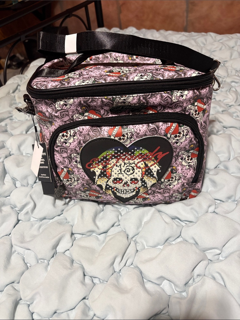Ed Hardy Purple Skull Heart Crossbody Lunch Bag